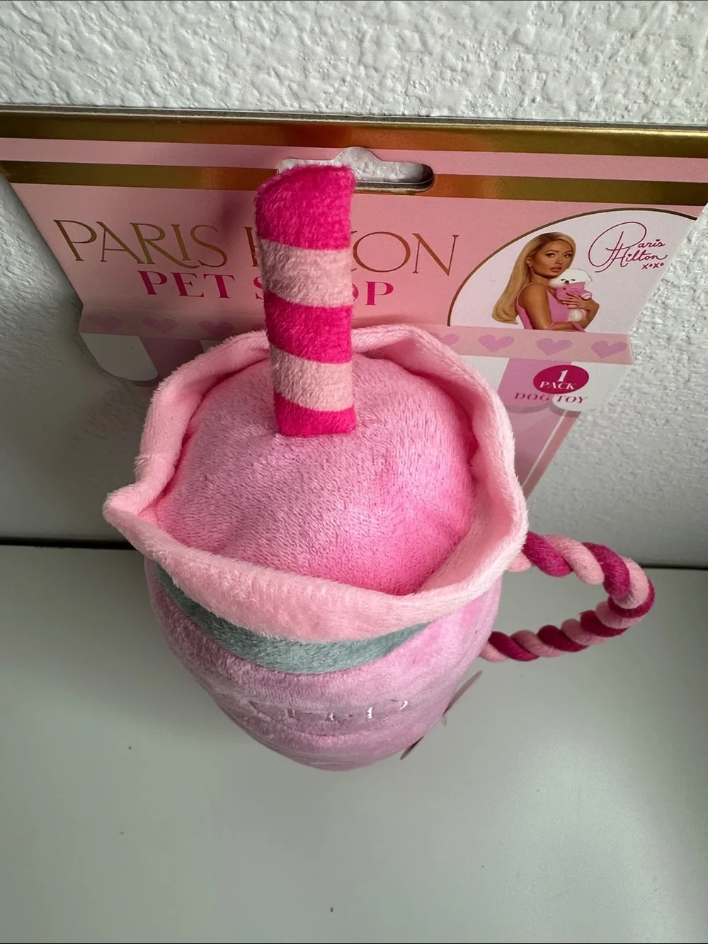 Paris Hilton Pink Plush Shake Dog Toy with Striped Rope Handle